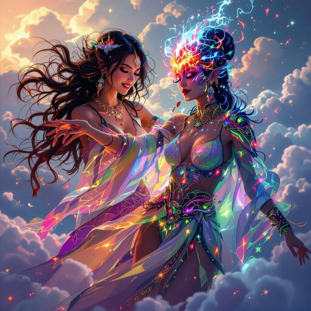 Ethereal Demoness Dancing in Neon Sparks: A Digital Art Piec...