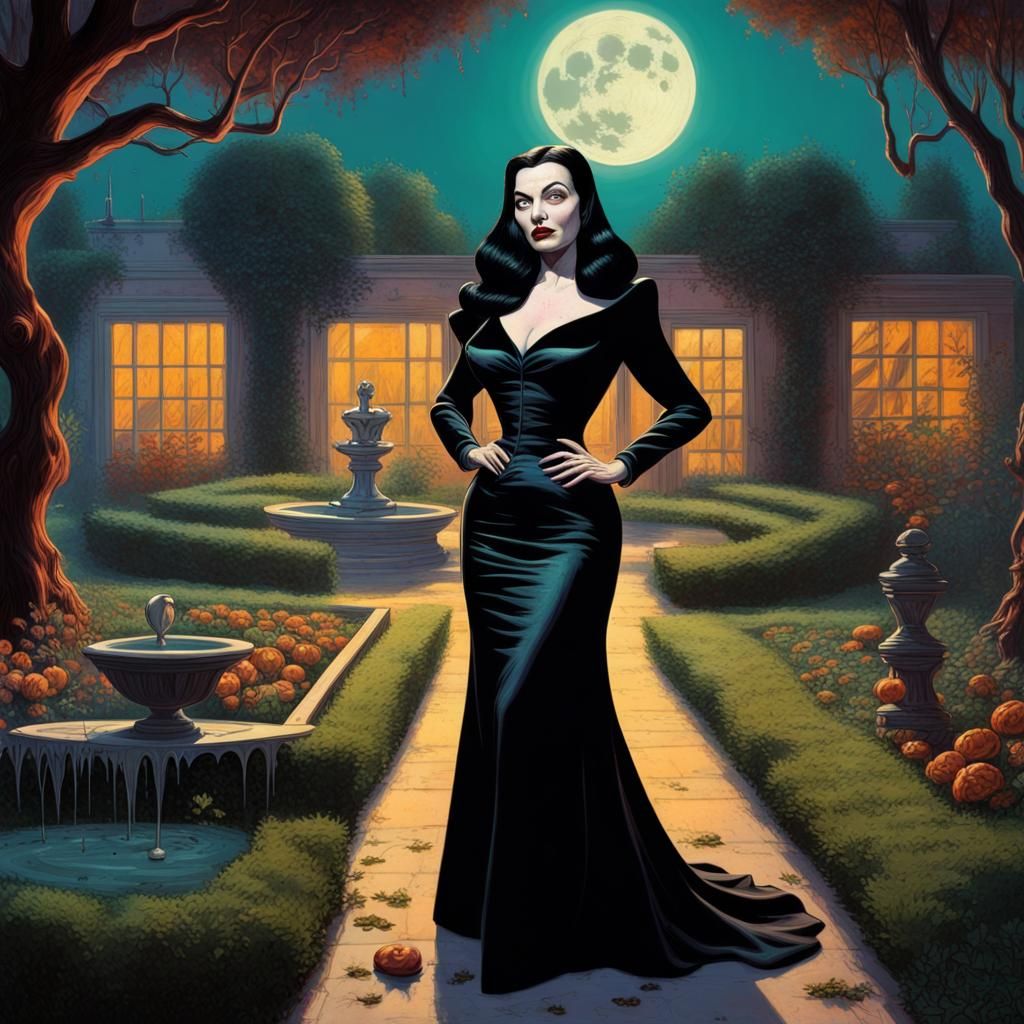 Morticia Addams as 1950s Pinup in Dead Garden