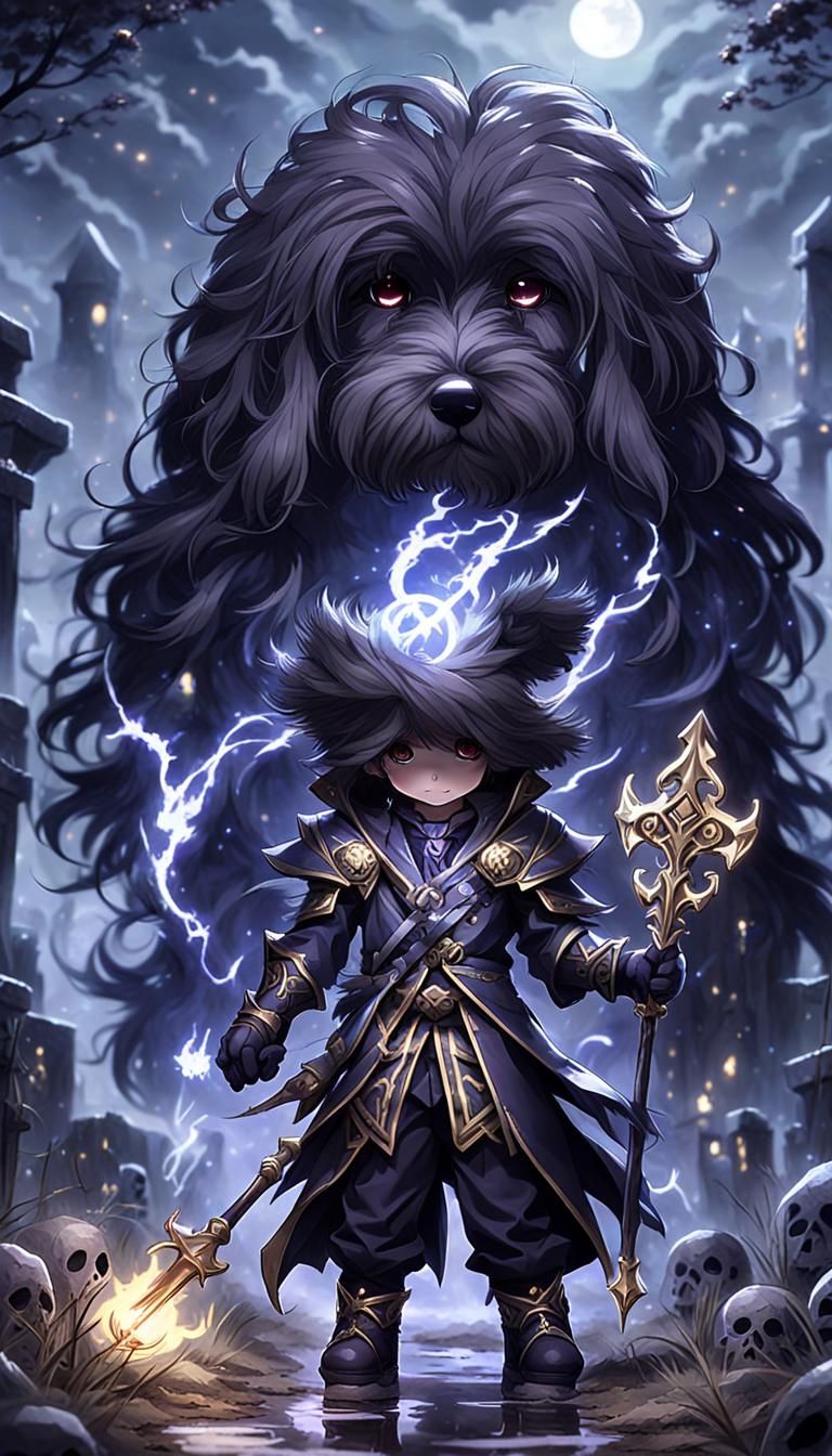 Chibi Goldendoodle Necromancer in Anime Style