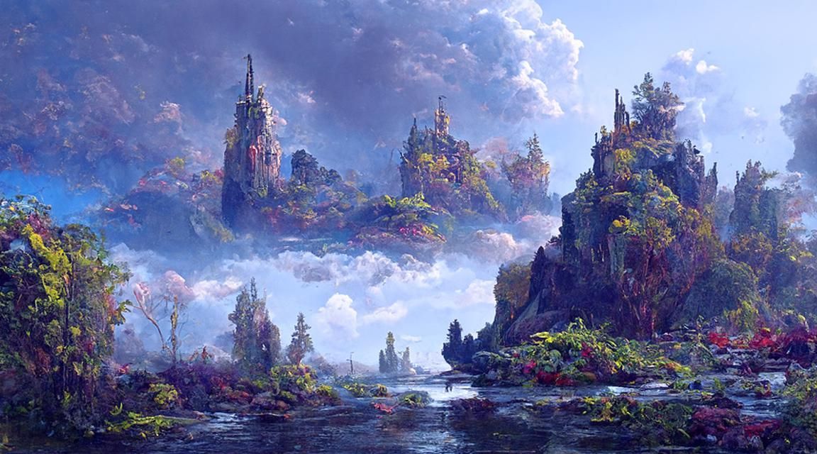 Hyperrealistic Overgrown Castle Landscape at Dusk
