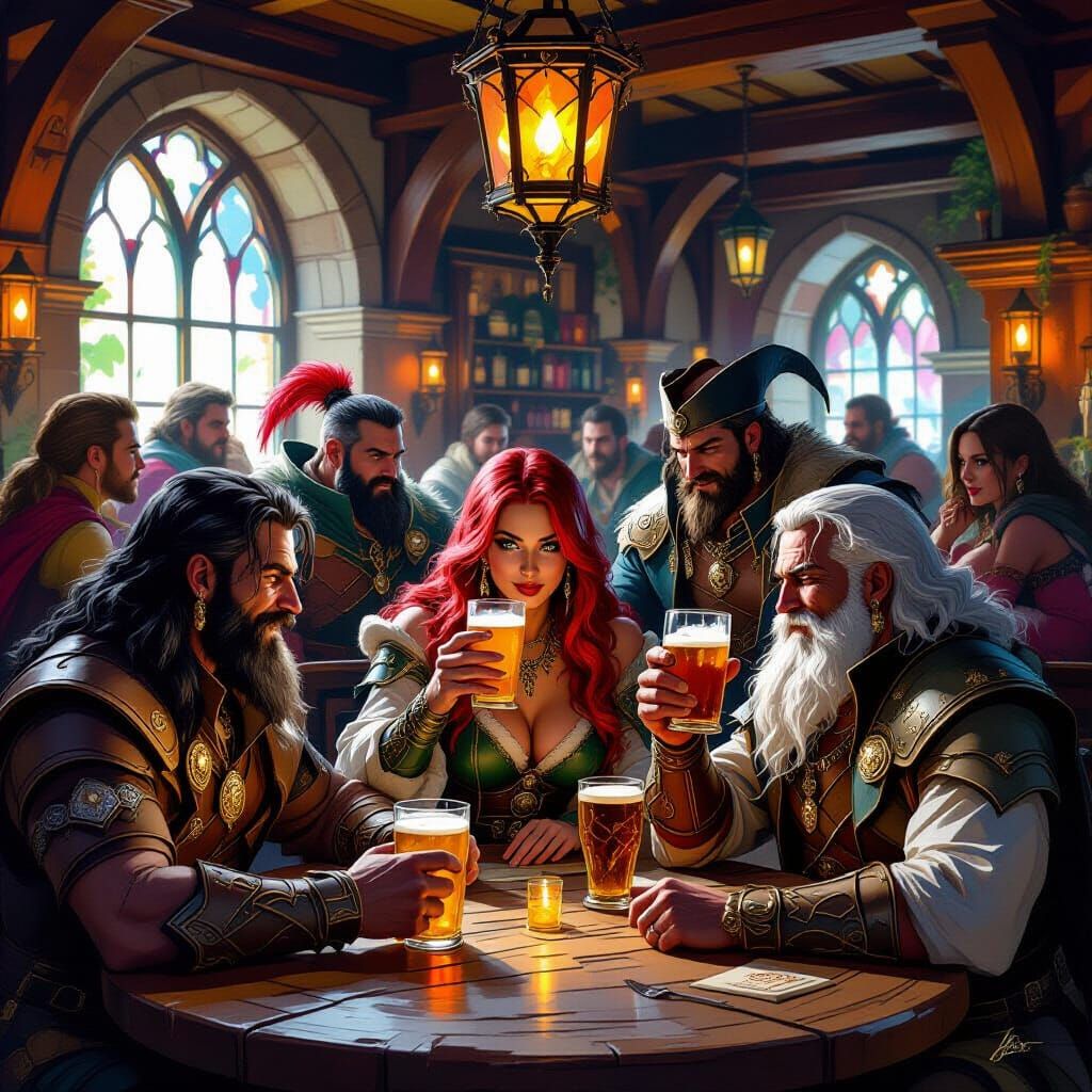 D&D Adventurers Reveling in a Lively Tavern