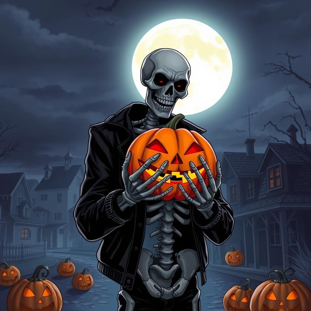 Halloween Skeleton with Pumpkin in Spooky Town