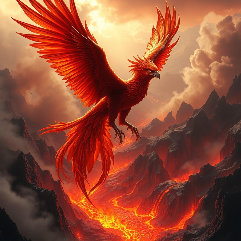 Fantasy Phoenix Soars Above Volcanic Landscape in Detailed M...