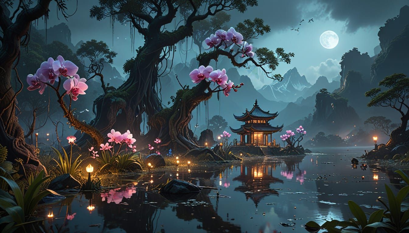 Ancient Orchid Forest Illuminated by Moonlight
