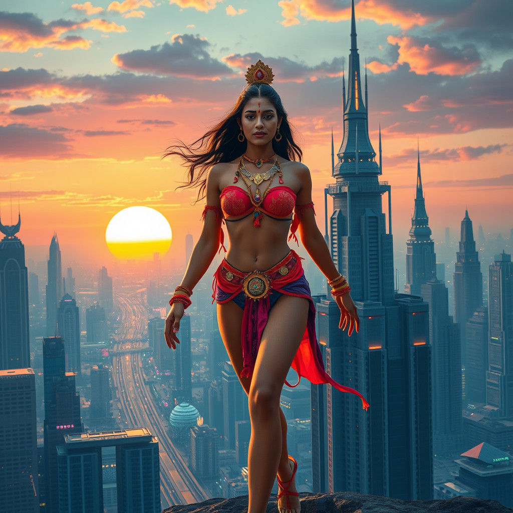 Futuristic Indian Woman and Shiva in Sky Town