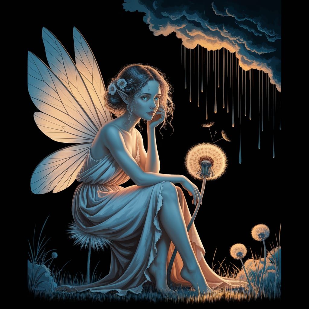 Fairy on Dandelion in Chiaroscuro Style