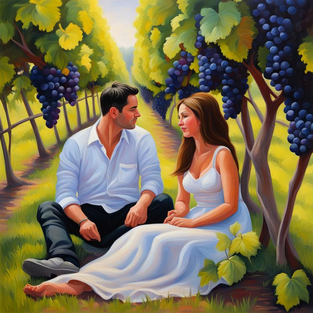 Couples in a Grape Garden: An Oil Painting