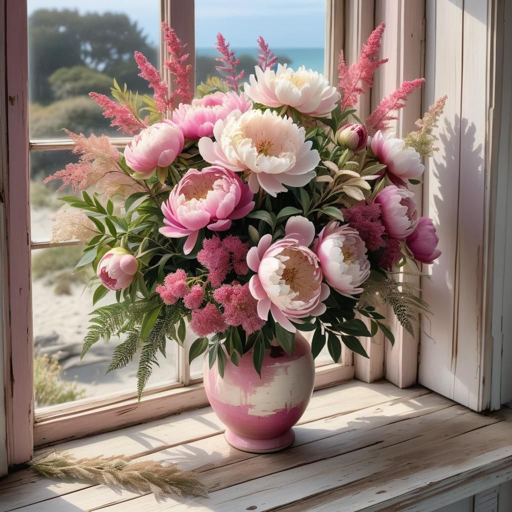 Bohemian Bouquet by Beachside Window, Wide Angle