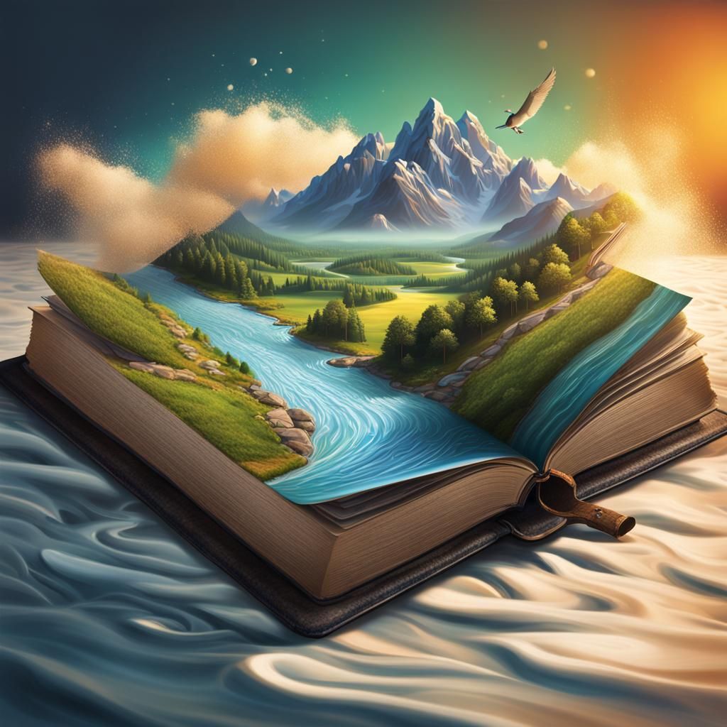 Hyperrealistic Bible with Flowing River Splash Art