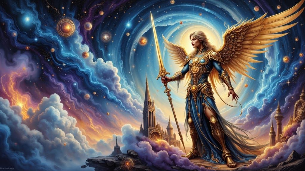 Clockwork Angel Defiant in Nebula, Steampunk Art