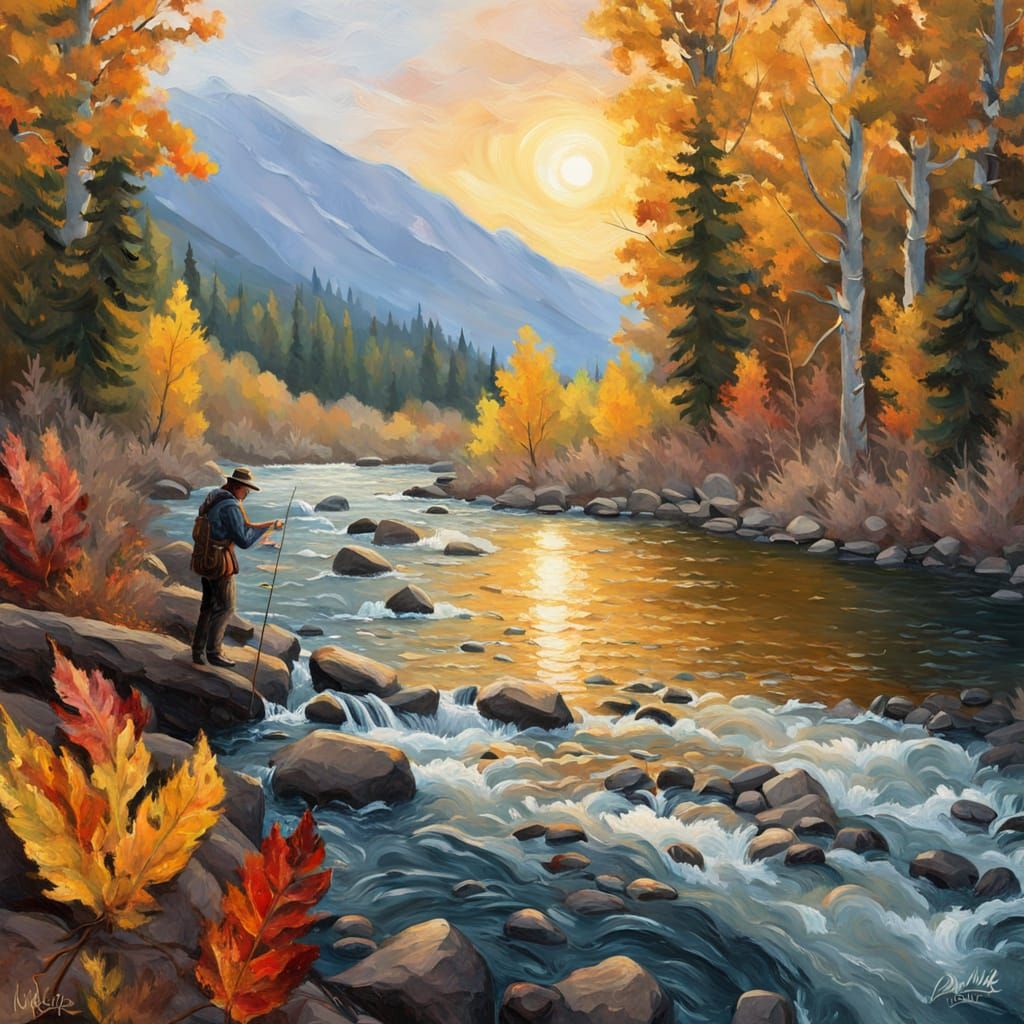 Fly Fisherman Catching Trout: Impasto Autumn Creek