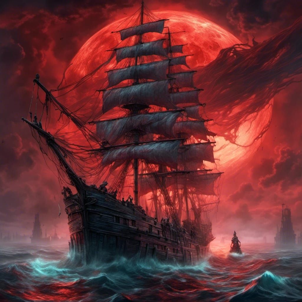 Ethereal Clipper Ship Sailing Under a Blood Moon