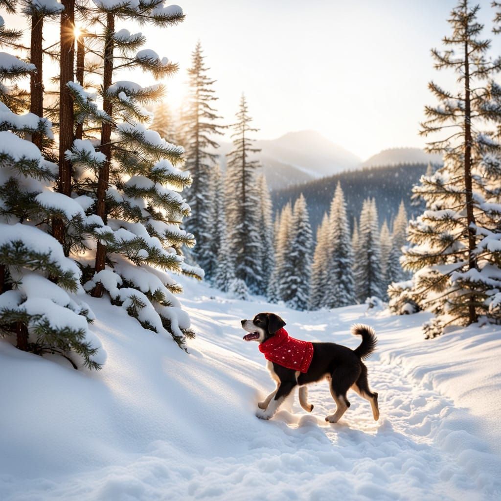 Whimsical Winter Wonderland Puppy in Red Scarf