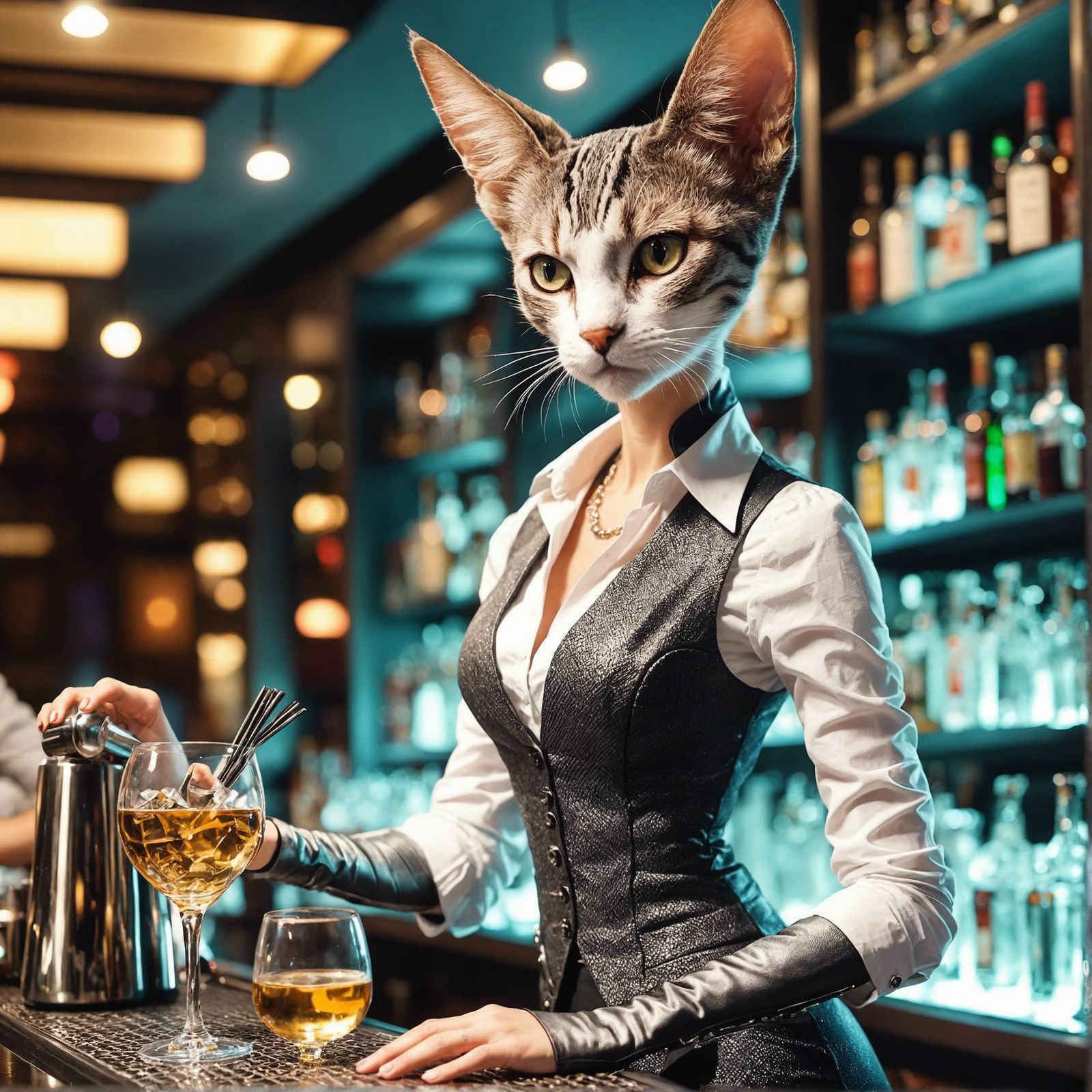 Cat-Human Hybrid Bartender in Upscale Club