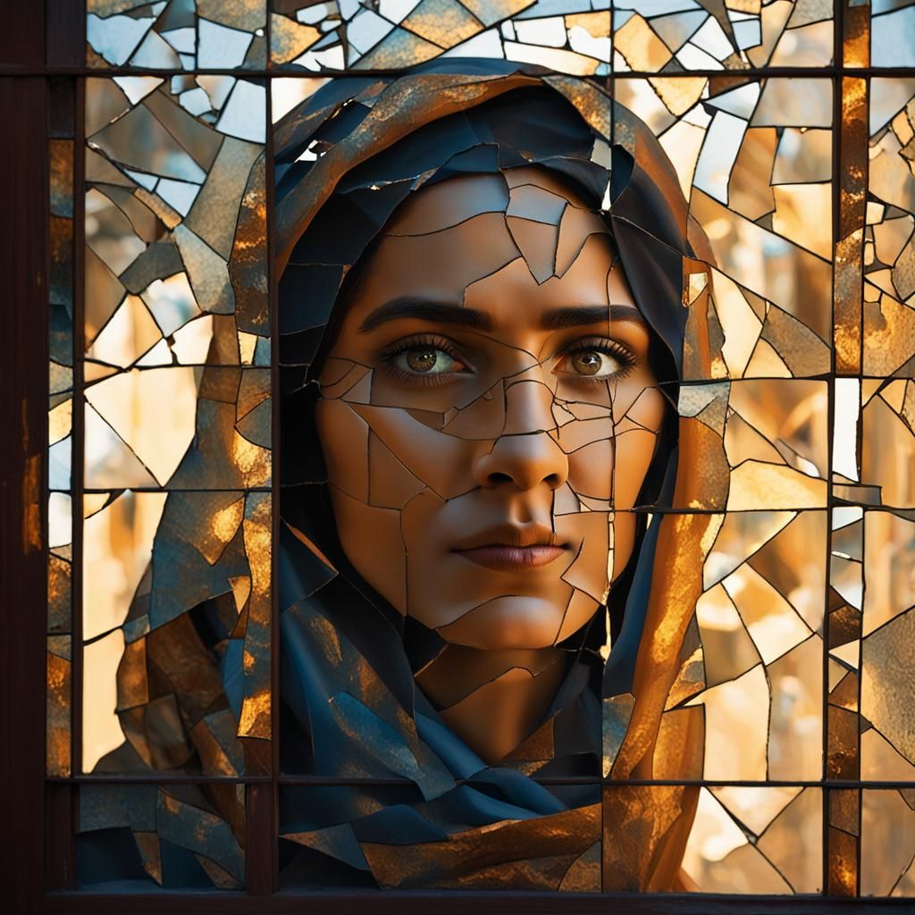 Sorrowful Reflection: Middle-Eastern Woman in Shattered Glas...