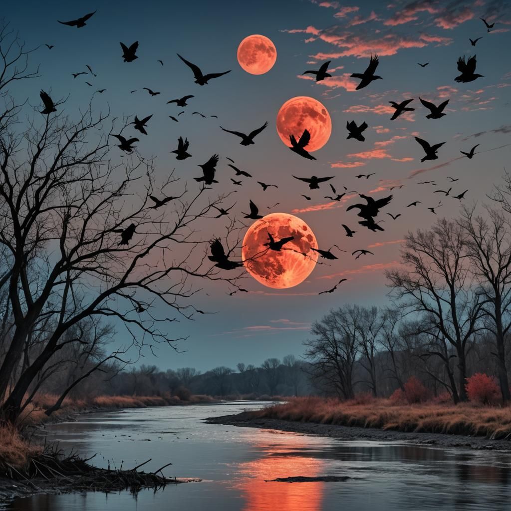 Burning River Under Red Moon: Hyperrealistic Image