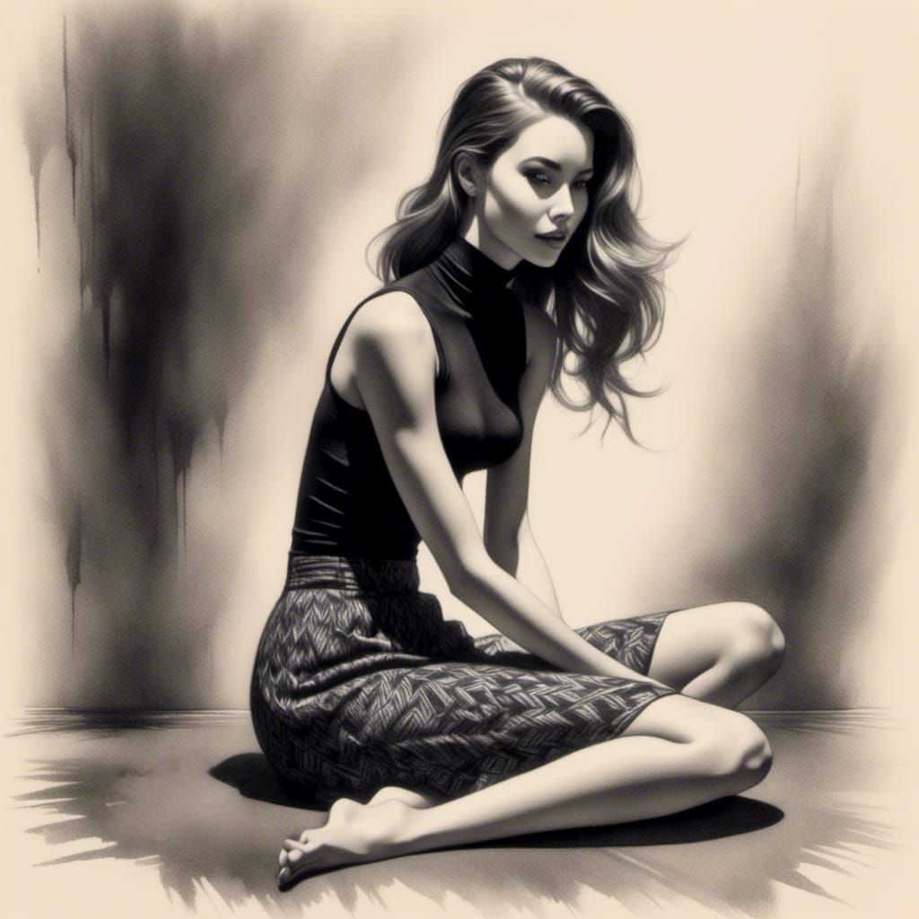 Detailed Charcoal Drawing of Woman in Turtleneck