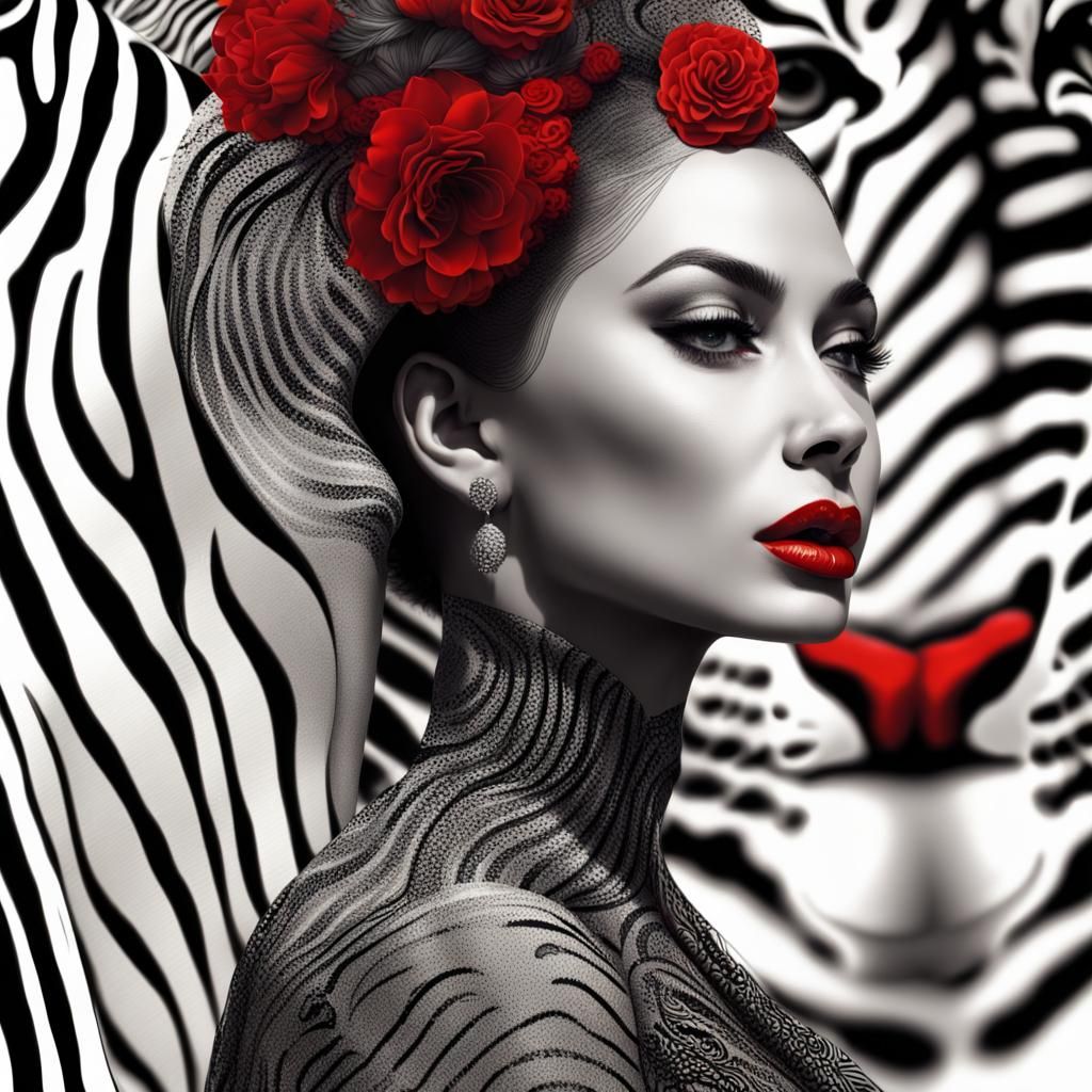 Zebra-Striped Woman Portrait in Surreal Art