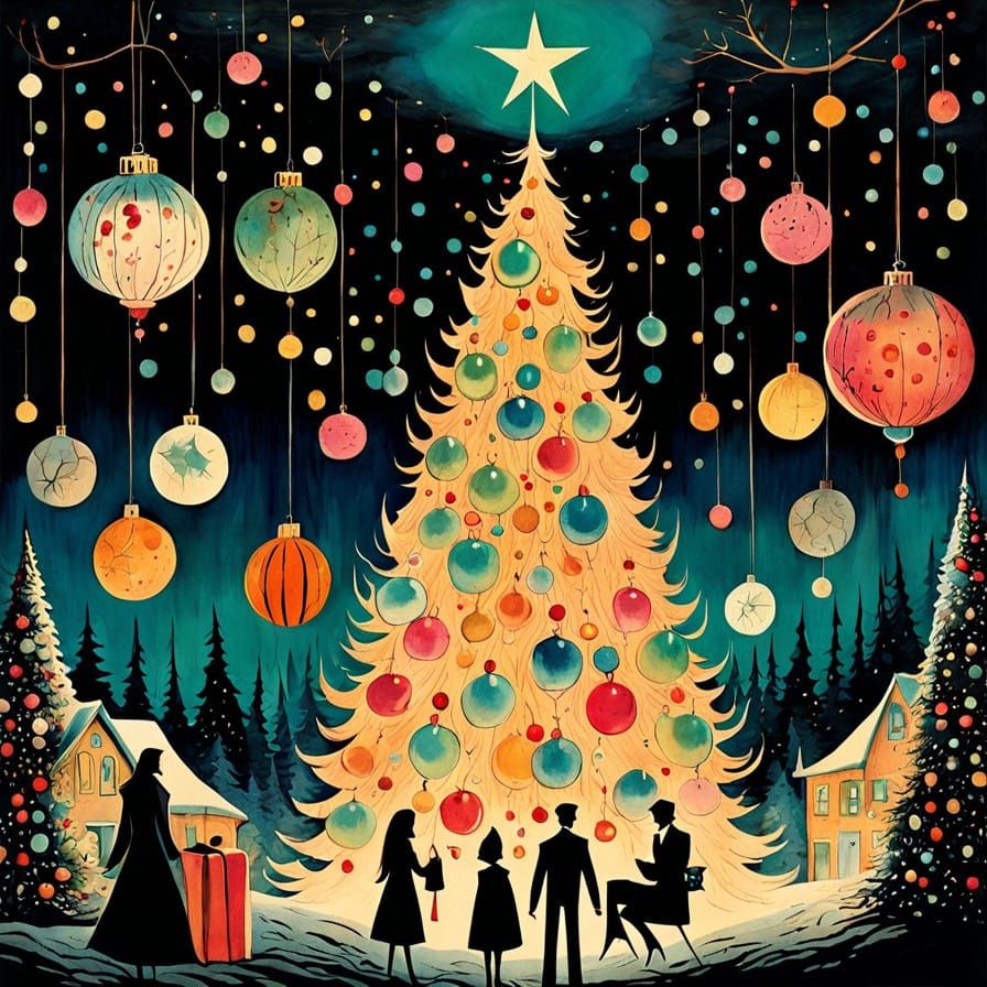 Surreal Mid-Century Modern Christmas Scene in Distressed Wat...