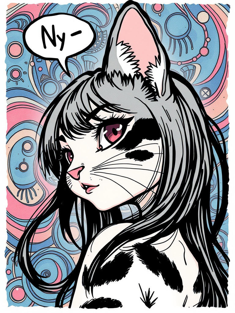 Provocative Catgirl in Psychedelic Anime Sketch