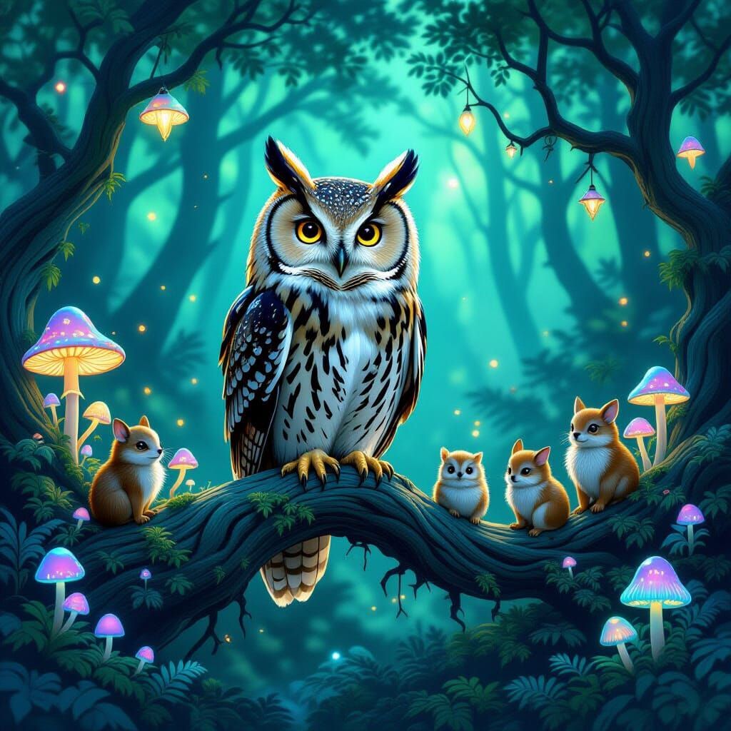 Bioluminescent Forest Owl in Art Nouveau Style
