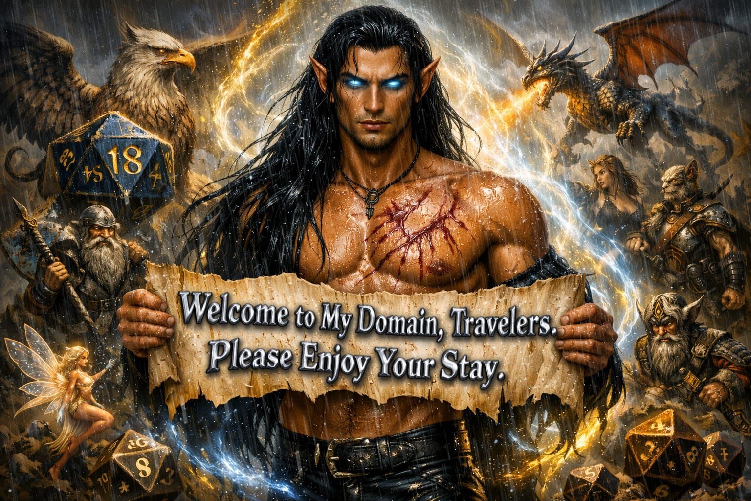 Sensual Elf Warrior in Rain with Fantasy Background