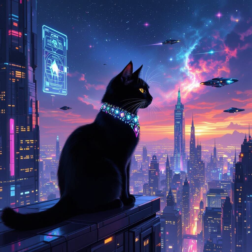 Black Cat Overlooking Futuristic City in Atmospheric Realism