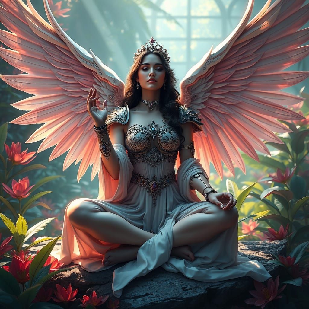 Serene, Exotic Winged Goddess in Dreamlike Landscape