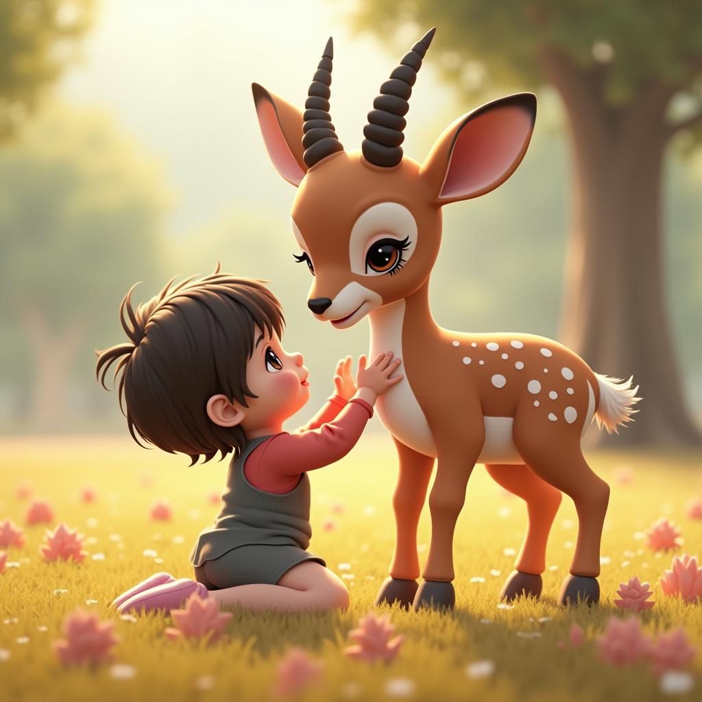 Cute Antelope and Child: 3D Anime Art
