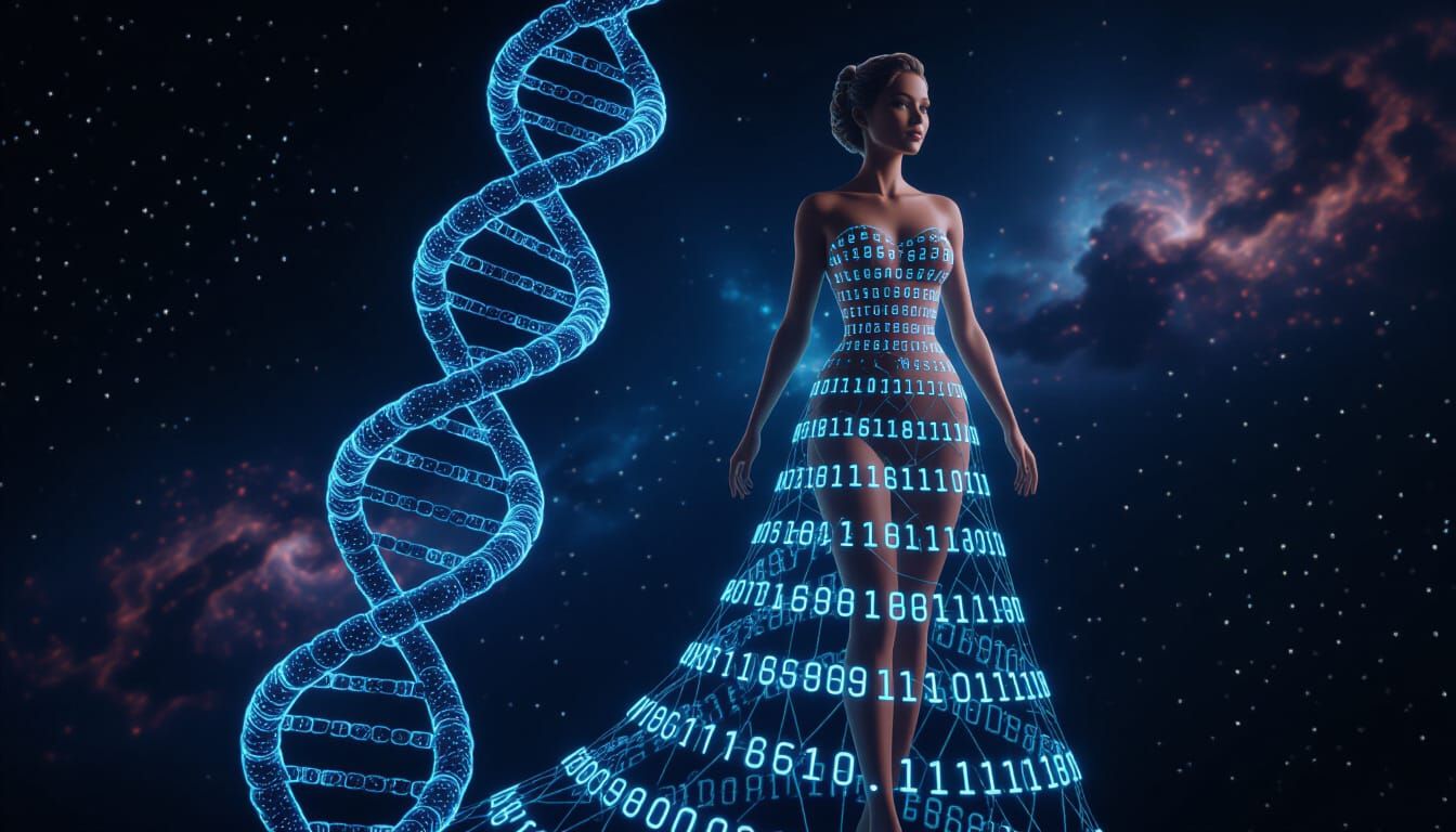 DNA Transforms into Woman on Cosmic Background