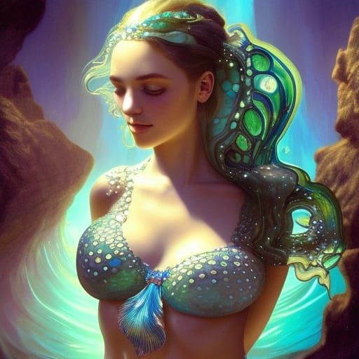 Bioluminescent Mermaid with Gemstones, Detailed Portrait