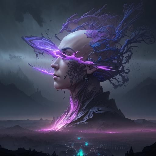 Bald Man in Neon Tinnitus Storm, Fantastical Matte Painting
