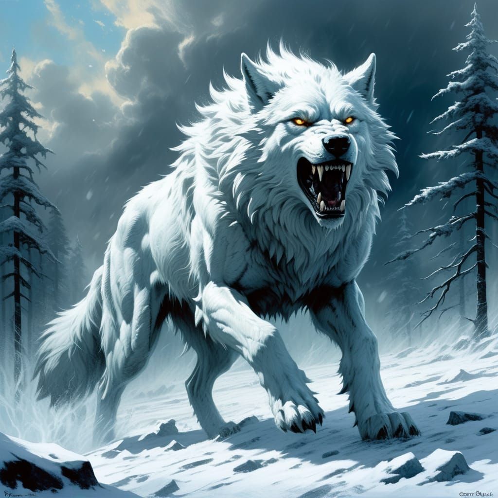 Fierce White Wolf Charging in Frosty Landscape