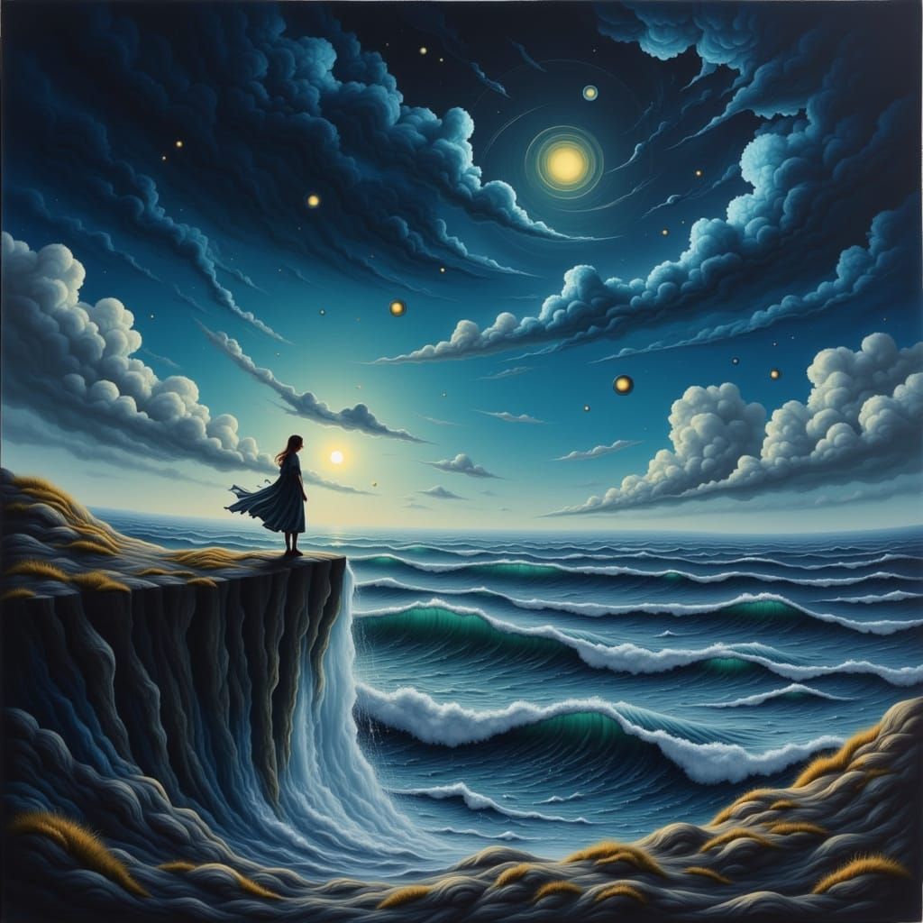 Lone Figure on Windswept Cliff Gazing at Turbulent Ocean