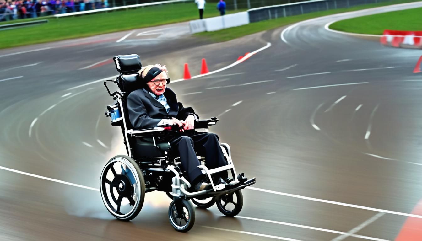(Stephen Hawking in a rocket powered wheelchair in a race:1....
