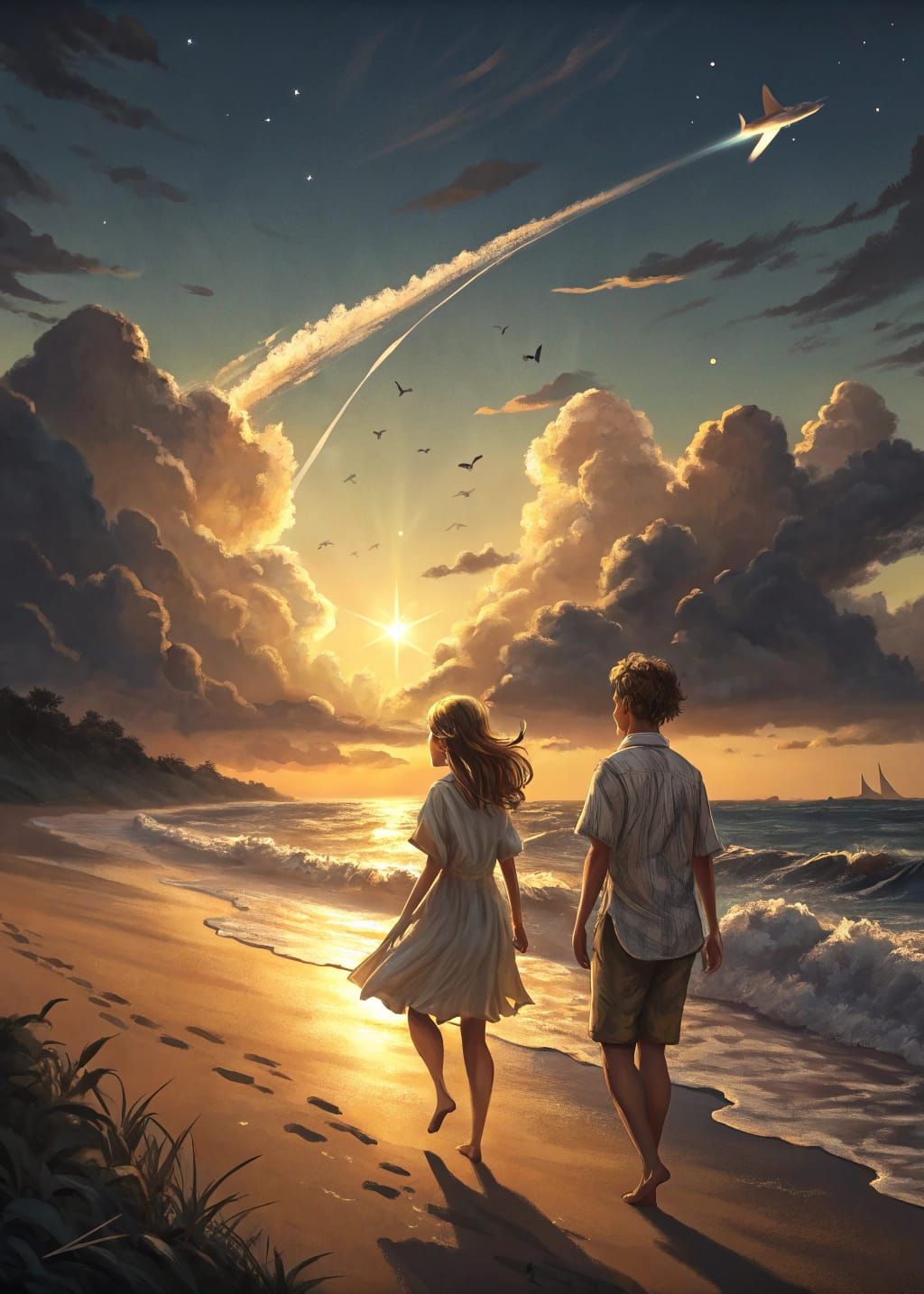 Love's Bittersweet Goodbye on a Deserted Beach at Dawn or Du...