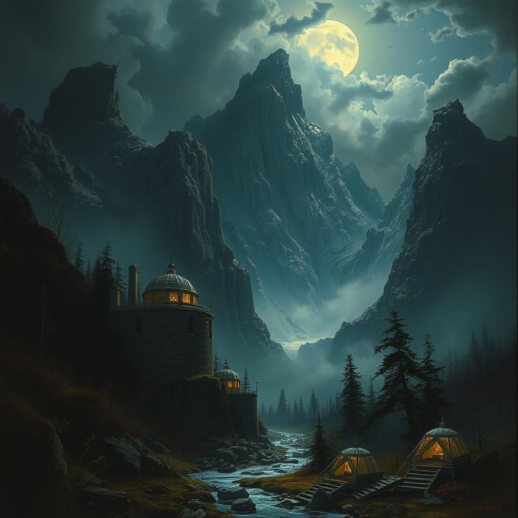 Surreal Night Landscape with Water Buffalo, Gothic Horror