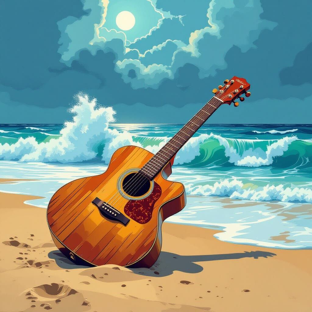 Intricately Carved Guitar on Stormy Beach