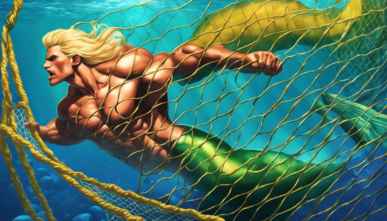 Trapped Bodybuilder Merman in Vibrant Digital Art