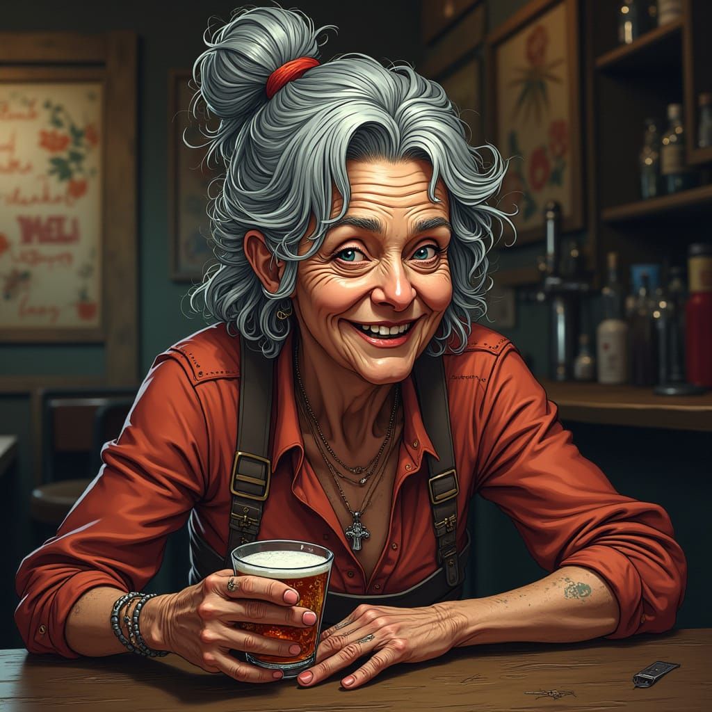 Funny Old Lady at Bar in Comic Book Style