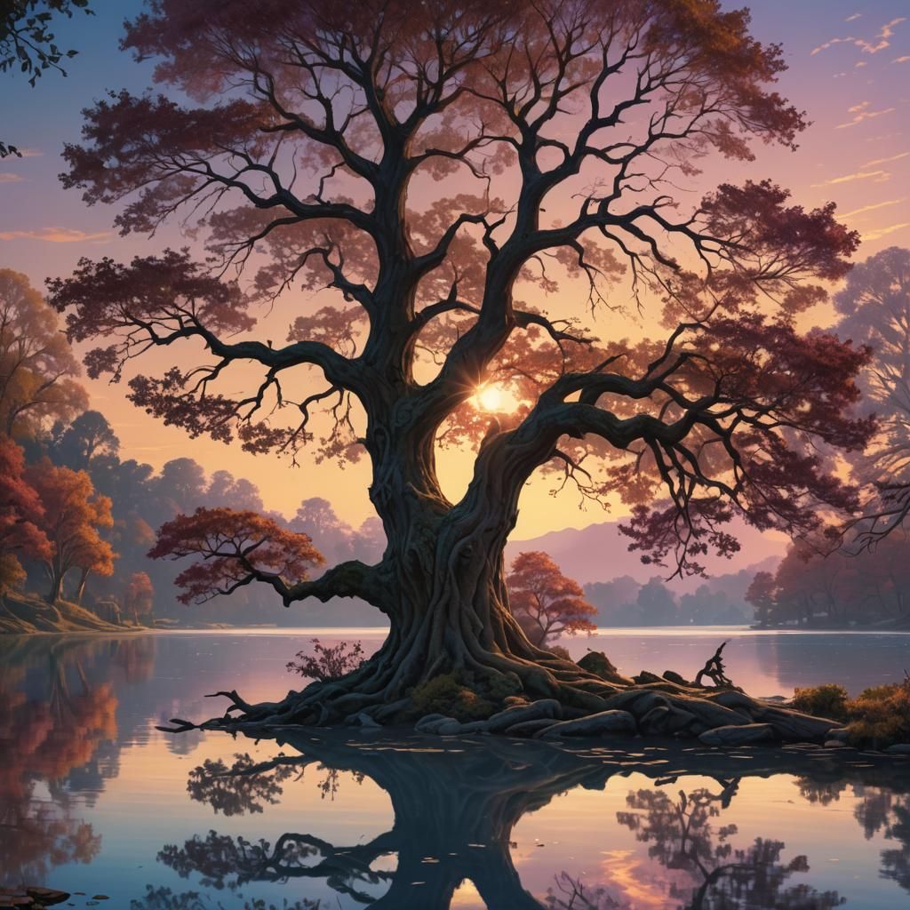 Arbousier Tree Reflected in Lake: Art Nouveau Style