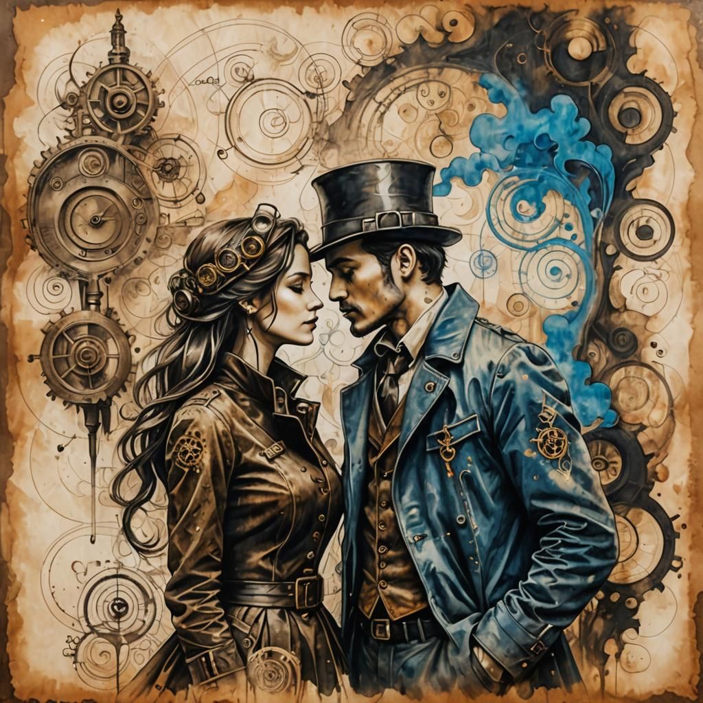 Blueprint Couple in Steampunk Surrealism Style