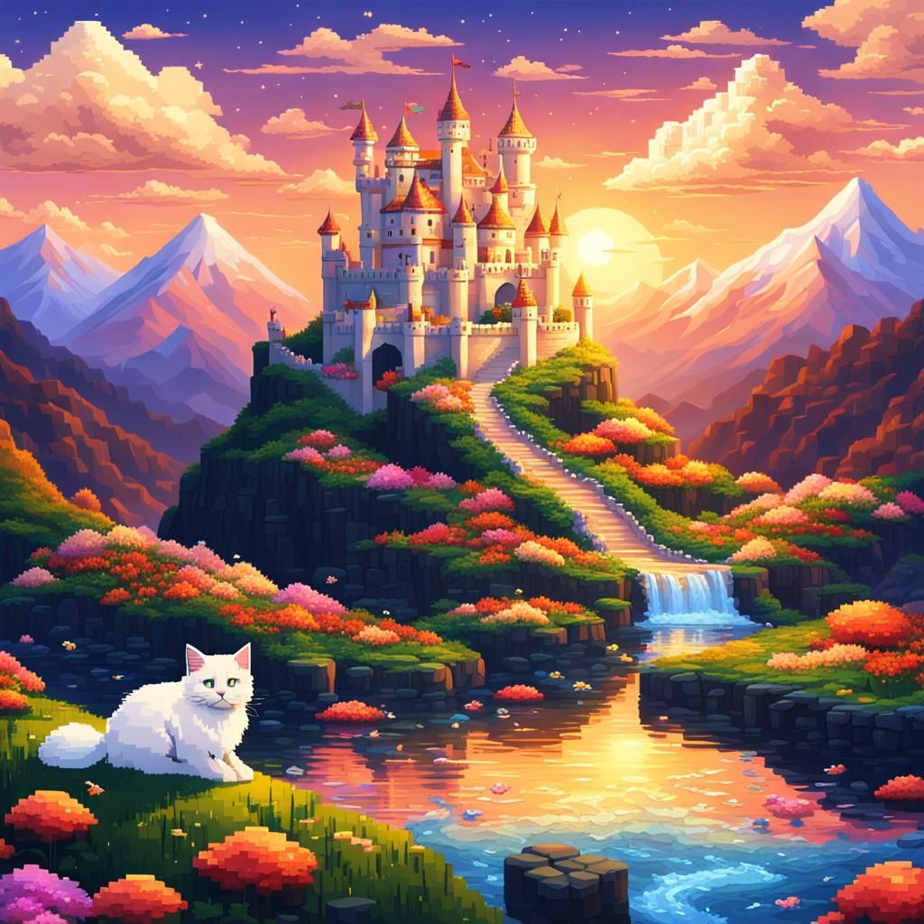 Golden Castle Pixel Art on White Mountain