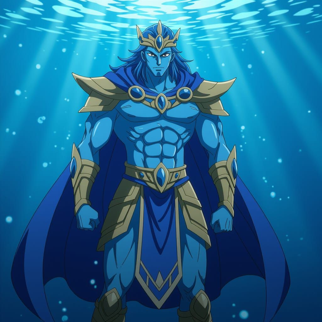 Anime Atlantean King with Blue Skin in Cel-Shaded Style