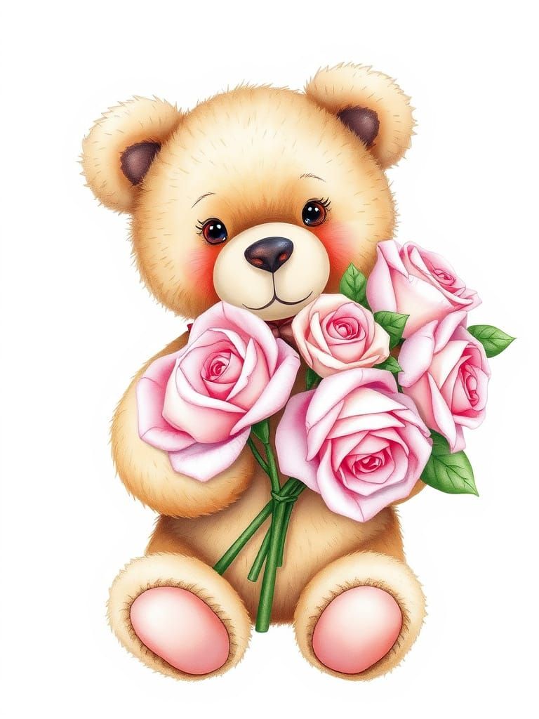 Cute Teddy Bear Holding Pastel Roses in Watercolor Style