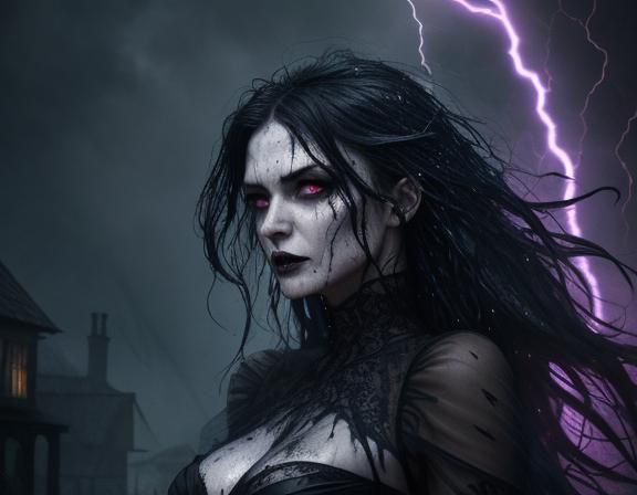 Vampire Woman in Blue Flames During Lightning Storm