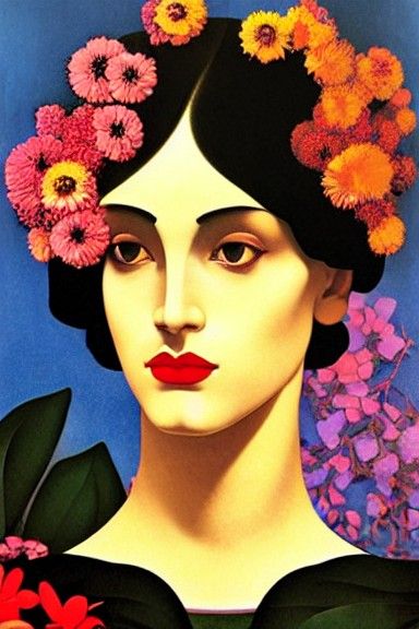 Ethereal Woman Portrait with Flowers in Film Noir Style