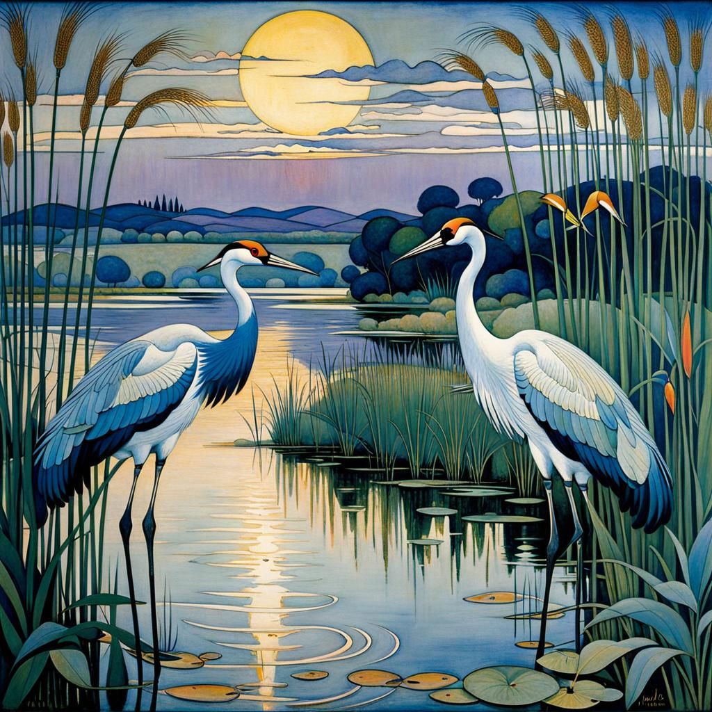 Cranes on Lake Shore in Soft Light