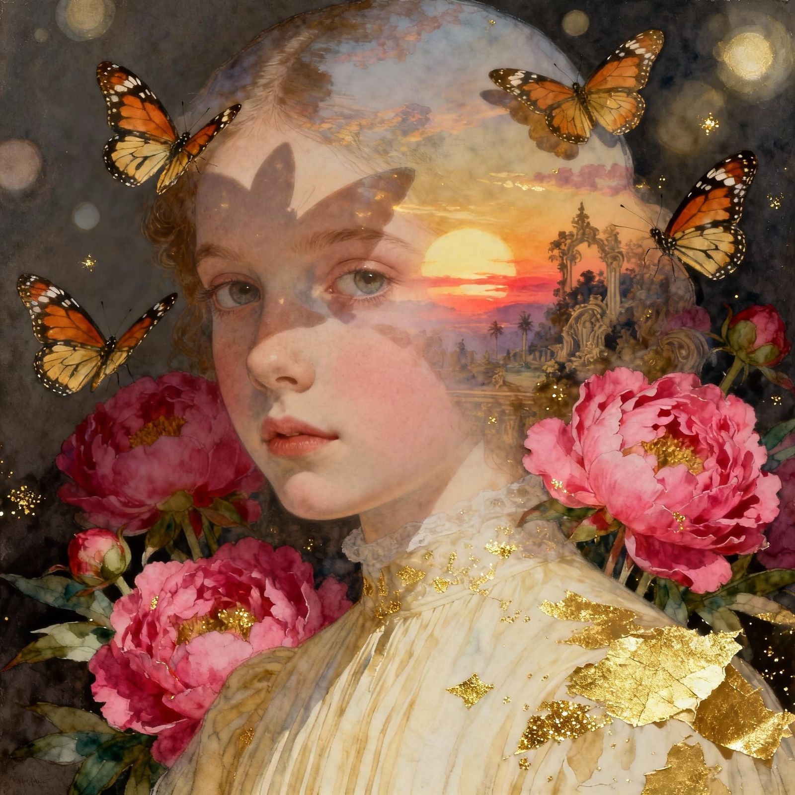 Ethereal Girl Portrait Over Rococo Sunset Landscape