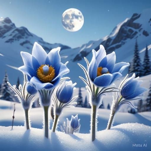 Delicate Blue Pulsatilla Flowers Frozen in Serene Winter Won...